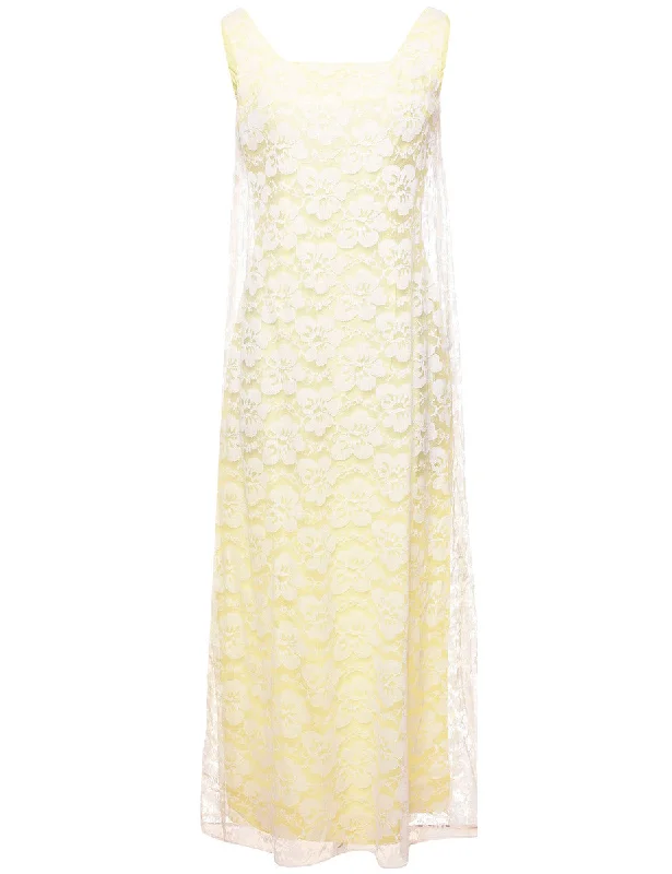 Pale Yellow & White Vintage Lace 1970s Maxi Dress - M Trendy Off-Shoulder Ruffle Maxi Dress