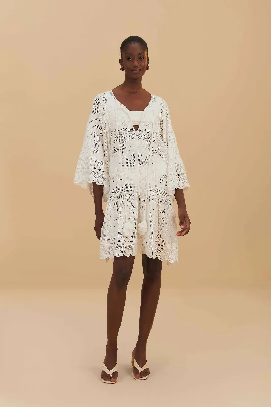 White Palm Tree Cutwork Mini Dress Elegant Mini Dress with Ruffles