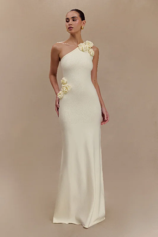 Paloma One Shoulder Knit Maxi Dress With Flowers - Ivory Chic Summer Maxi Dress