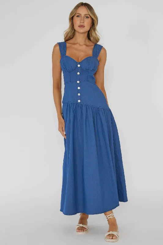 Pansy Flounce Hem Maxi Dress Blue Comfortable Ruffle Maxi Dress