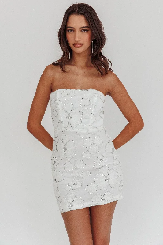 Paulinna Strapless Tied Back Mini Dress Embellished White Elegant Mini Dress with Ruffles