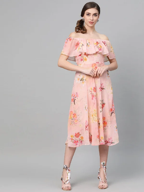Women's Peach Floral Off Shoulder Midi Dress - SASSAFRAS Fashionable Chiffon Midi Dress