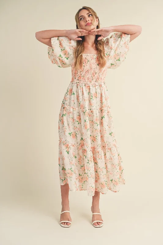 Peach Floral Smocked Puff Sleeve Midi Dress Comfortable Knitwear Midi Dress