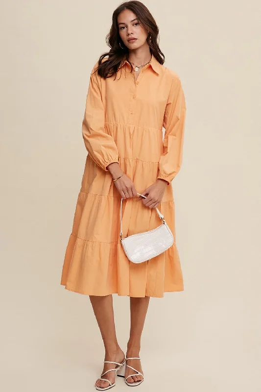 Peach Tiered Collared Midi Dress Trendy Midi Dress with Belt