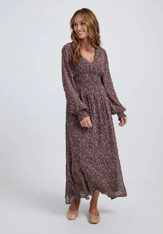 Pearl Ruched Waist Harvest Print Midi Dress In Brown Stylish Satin Midi Dress