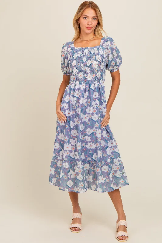 Periwinkle Floral Smocked Midi Dress Fashionable Sheer Sleeve Midi Dress