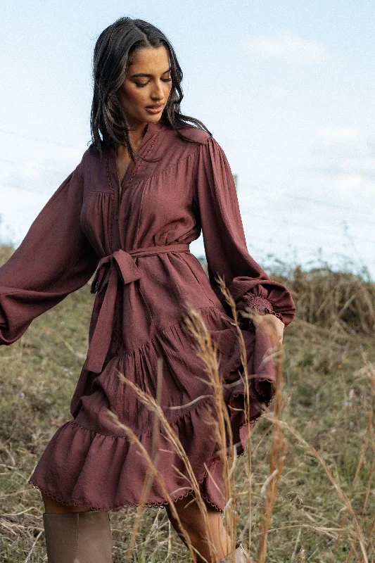 Pierce Long Sleeve Mini Dress - Dark Wine Comfortable Zip-Up Mini Dress