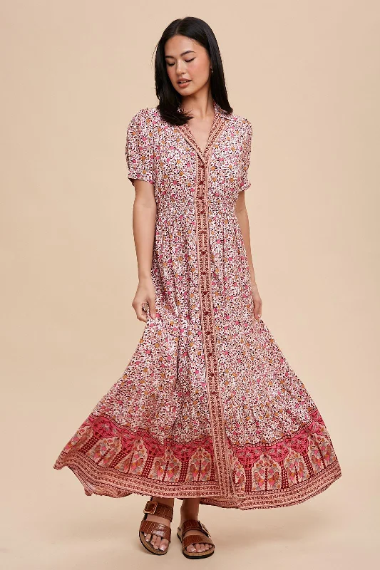 Pink Floral Button Up Midi Dress Comfortable Wrap Midi Dress