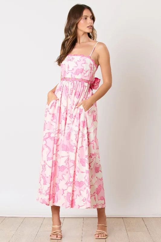 Pink Floral Wave Trim Back Tie Midi Dress Stylish Halter Neck Midi Dress