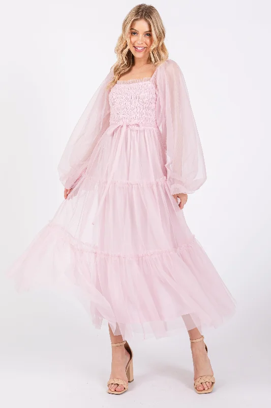 Pink Mesh Tiered Long Sleeve Maxi Dress Cozy Ribbed Maxi Dress