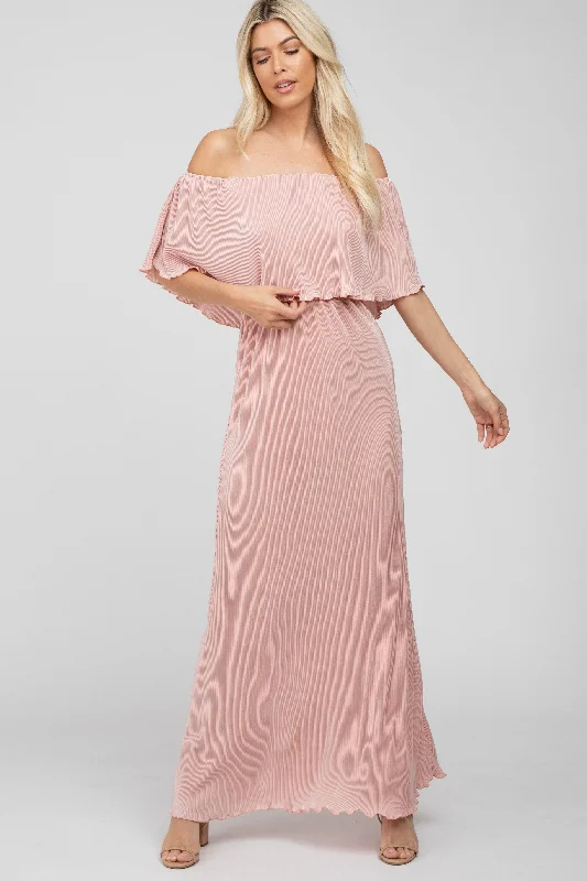 Pink Pleated Ruffle Off Shoulder Maxi Dress Fashionable Chiffon Tiered Maxi Dress