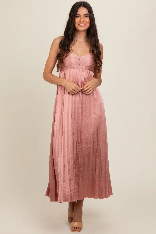 Pink Satin Pleated Midi Dress Trendy Smocked Detail Midi Dress