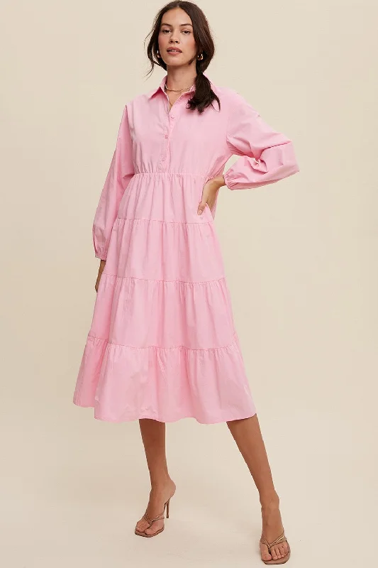 Pink Tiered Collared Midi Dress Comfortable Wrap Midi Dress