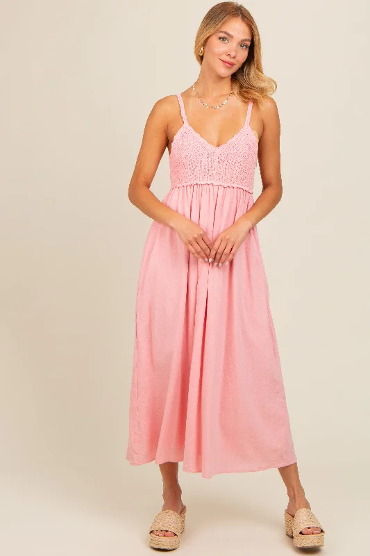 Pink V-Neck Crochet Top Midi Dress Elegant Sleeveless Midi Dress