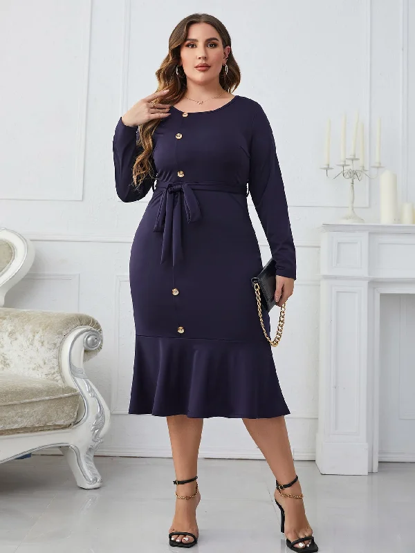 Plus Size Buttoned Round Neck Tie Belt Midi Dress Elegant Pleated Detail Midi Dress