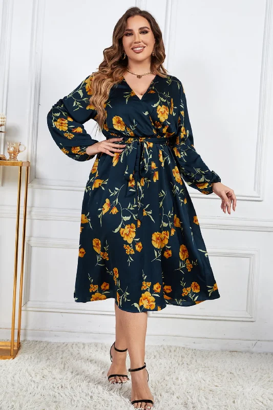 Plus Size Floral Print Surplice Neck Midi Dress Stylish Vintage Midi Dress