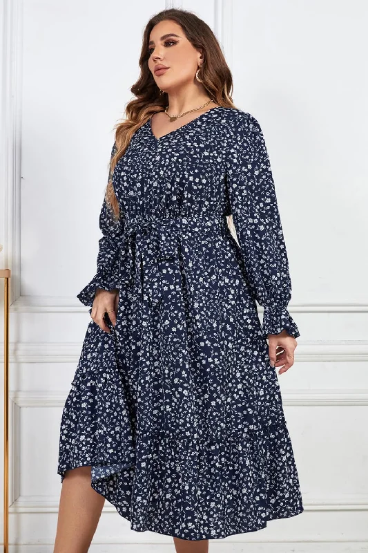 Plus Size Floral Print V-Neck Flounce Sleeve Midi Dress Comfortable Empire Waist Midi Dress