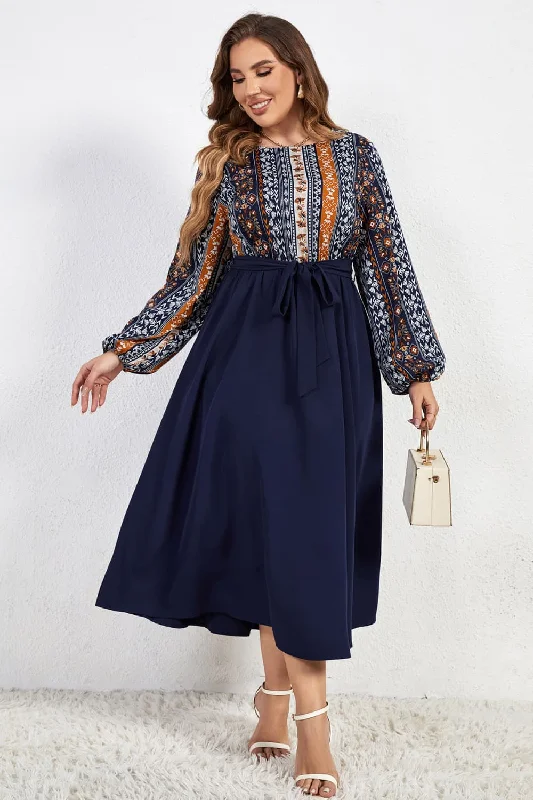 Plus Size Printed Tie Belt Boat Neck Midi Dress Elegant Lace Trim Midi Dress