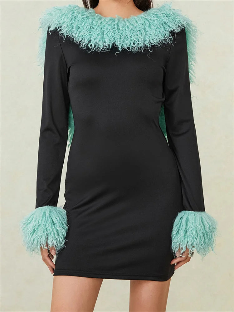 Plush Collar Backless Slim Fit Mini Dresses Fashionable Mini Dress with Frills