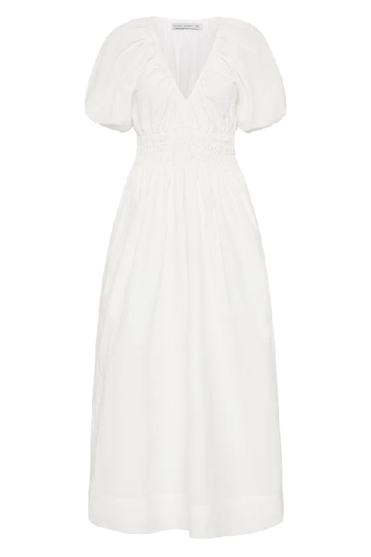 TEATRO MIDI DRESS - WHITE Trendy Smocked Waist Midi Dress
