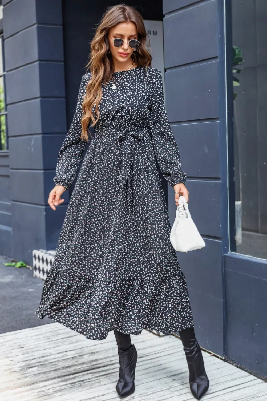 Printed Round Neck Long Sleeve Midi Dress Elegant Satin Button Midi Dress