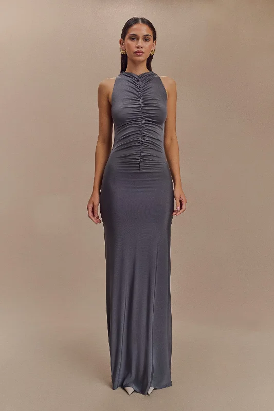 Priya Slinky Ruched Halter Maxi Dress - Dark Charcoal Classic Black Maxi Dress