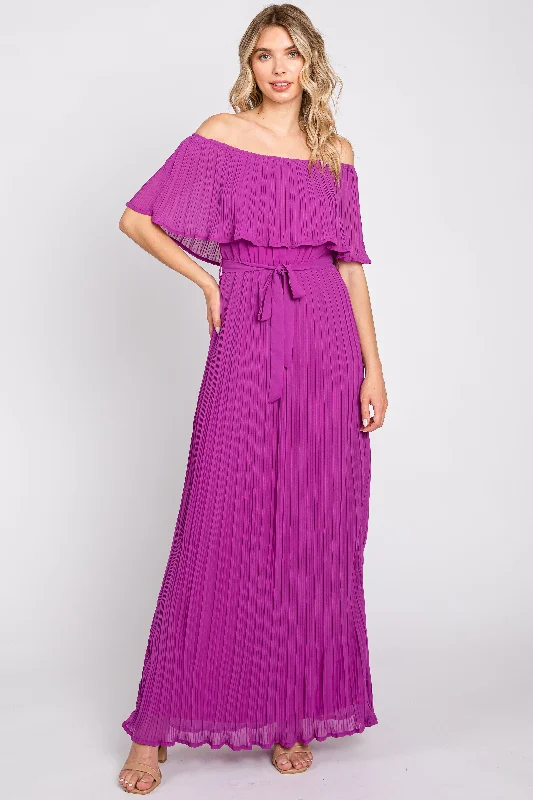 Purple Pleated Off Shoulder Maxi Dress Elegant Sleeveless Maxi Dress