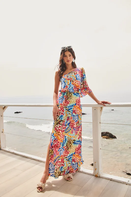 Rain Dance Meara One Shoulder Satin Maxi Dress Cozy Ruffle Sleeve Maxi Dress