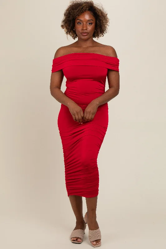 Red Off Shoulder Ruched Midi Dress Trendy Floral Wrap Midi Dress