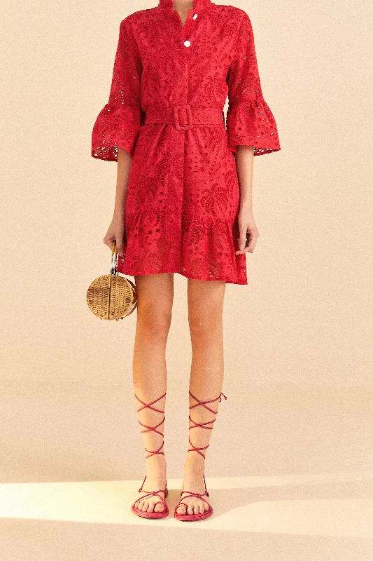 Red Palm Tree Mini Dress Fashionable Lace-Trim Mini Dress
