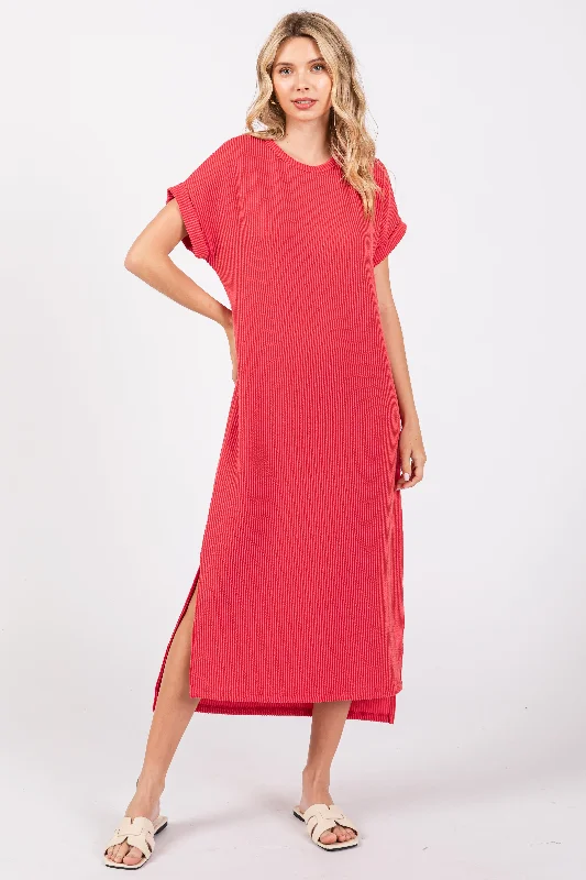 Red Ribbed Short Sleeve Midi Dress Elegant Faux Wrap Midi Dress