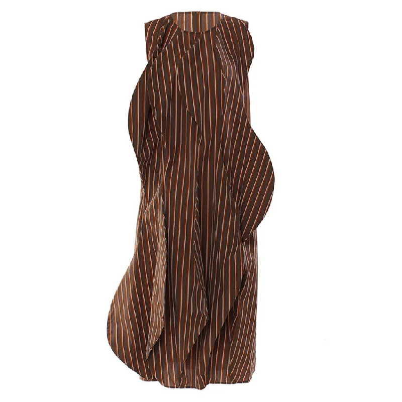 Retro 3D Wave Round Neck Vertical Striped Sleeveless Midi Dress Fashionable Casual Midi Dress