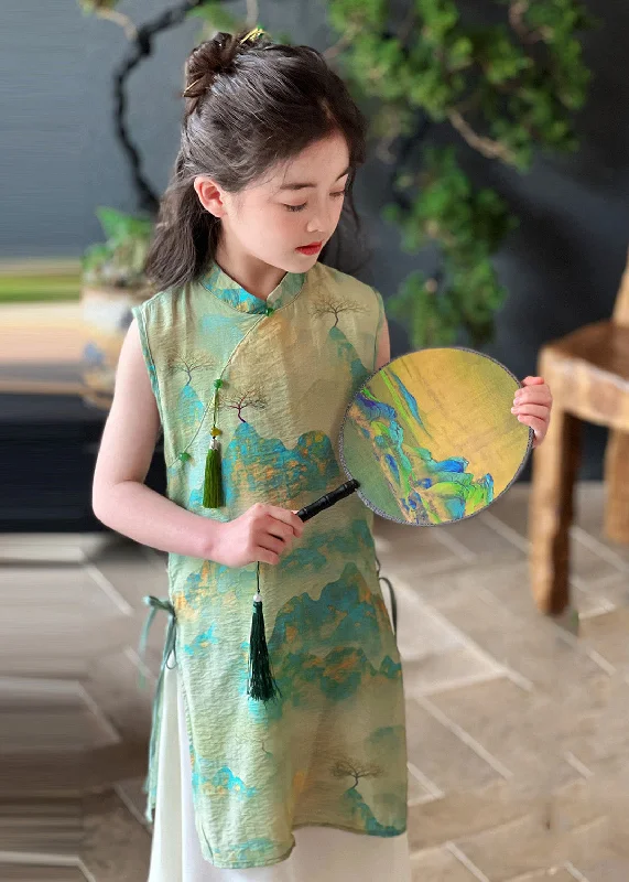 Retro Green Stand Collar Print Tie Waist Kids Maxi Dress Short Sleeve MN030 Classic V-Neck Maxi Dress