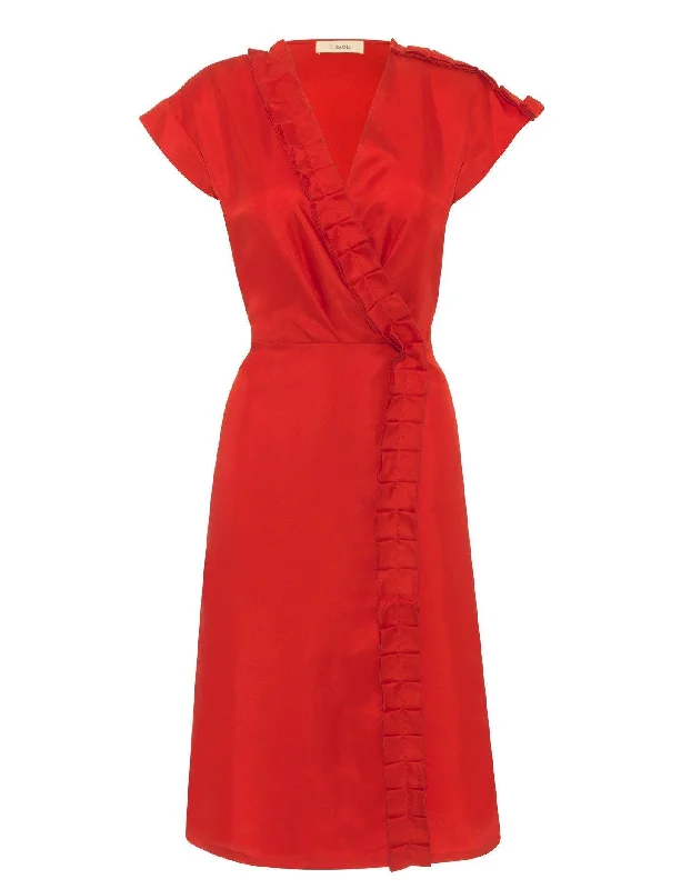 Rhona Red Silk Wrap Midi Dress Comfortable Sleeveless Midi Dress