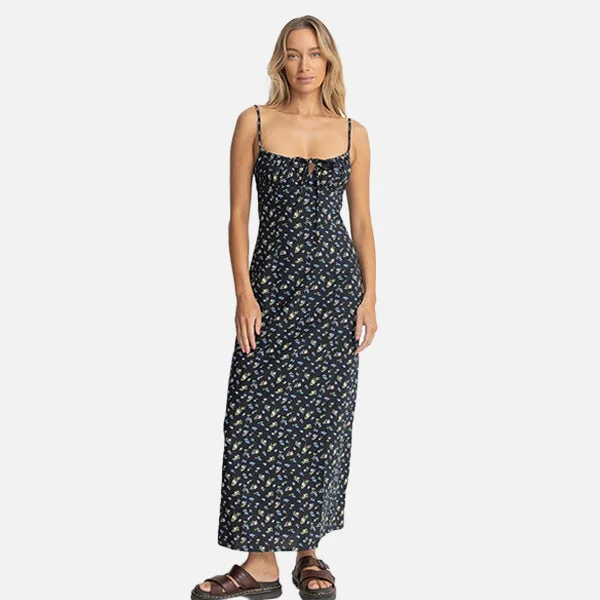 Rhythm Fleur Floral Gathered Maxi Dress - Black Comfortable Fit-and-Flare Maxi Dress