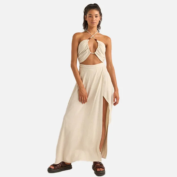 Rhythm Santana Cut Out Maxi Dress - Oat Casual Maxi Dress with Pockets