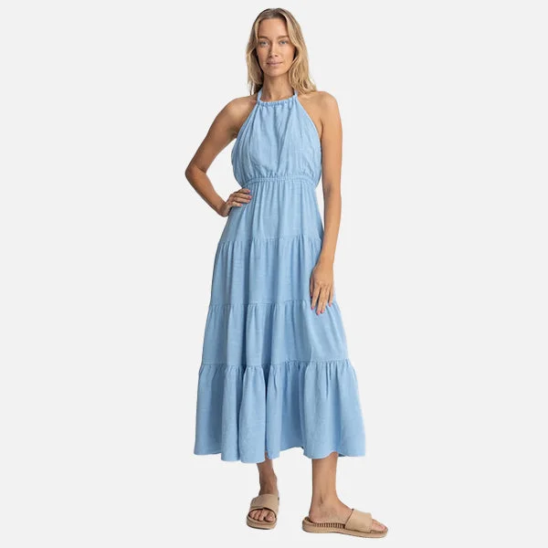 Rhythm Seacoast Halter Tiered Maxi Dress - Sky Elegant Boho Maxi Dress