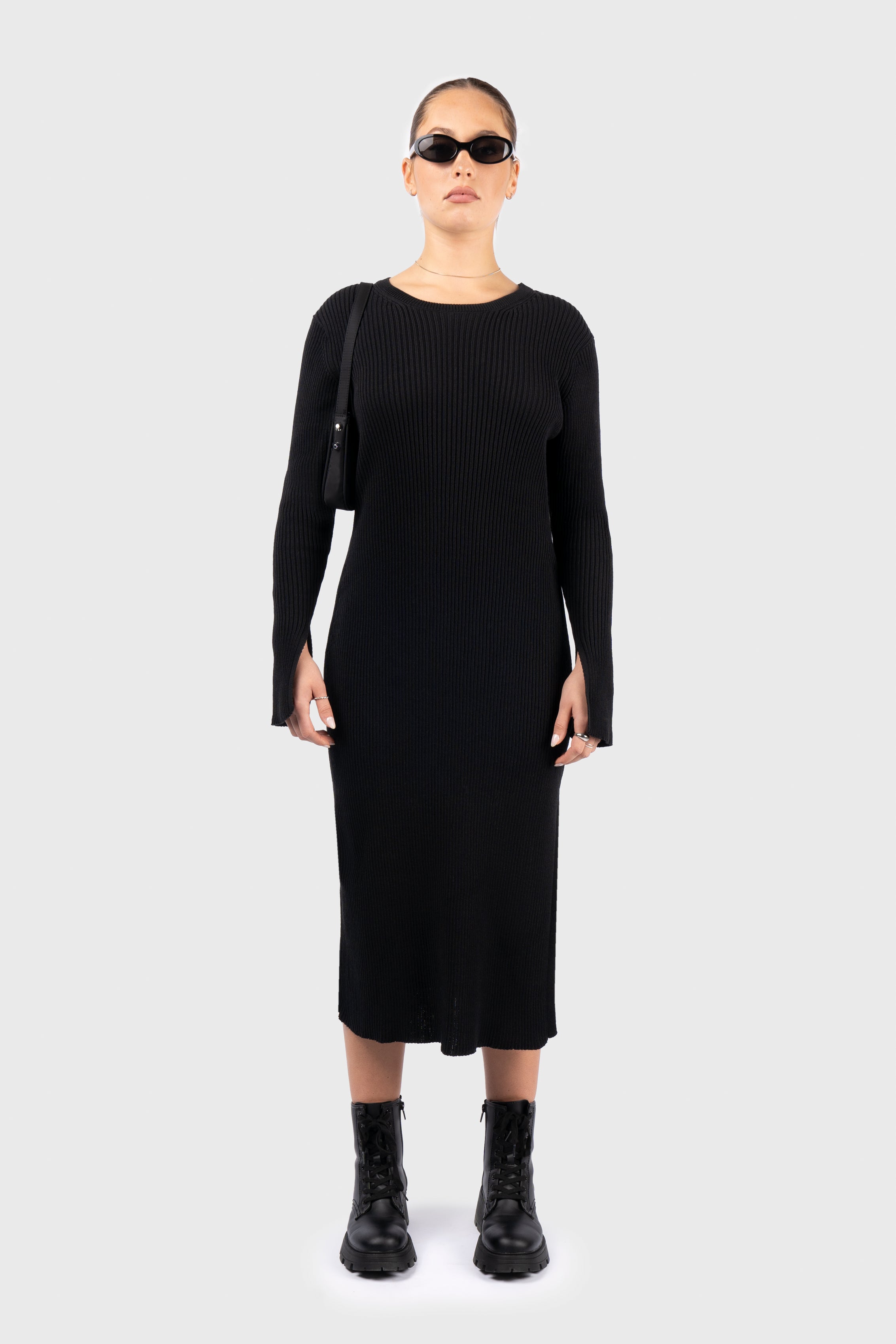 Ribbed Long Sleeve Knit Midi Dress Trendy Smocked Detail Midi Dress