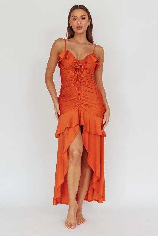 Rosalia Ruched Ruffle Maxi Dress Chocolate Comfortable Maxi Dress with Belt
