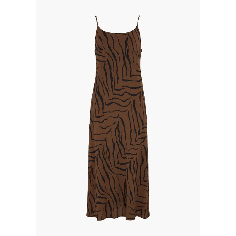 Roxy Sphagetti Strap Tiger Midi Dress In Brown Stylish Long Sleeve Floral Midi Dress