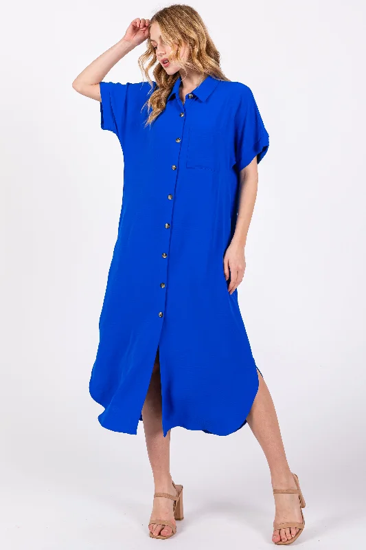 Royal Blue Button Down Front Pocket Midi Dress Fashionable Wide Leg Midi Dress