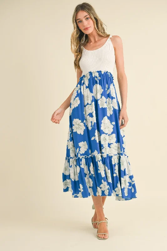 Royal Blue Floral Colorblock Midi Dress Elegant Floral Skirt Midi Dress