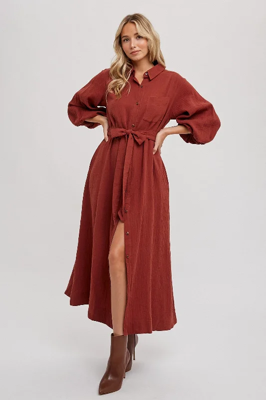 Rust Gauze Belted Shirt Midi Dress Comfortable Fit-and-Flare Midi Dress