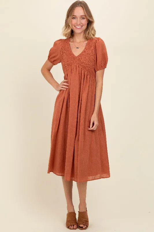 Rust Smocked V-Neck Puff Sleeve Midi Dress Trendy A-Line Midi Dress