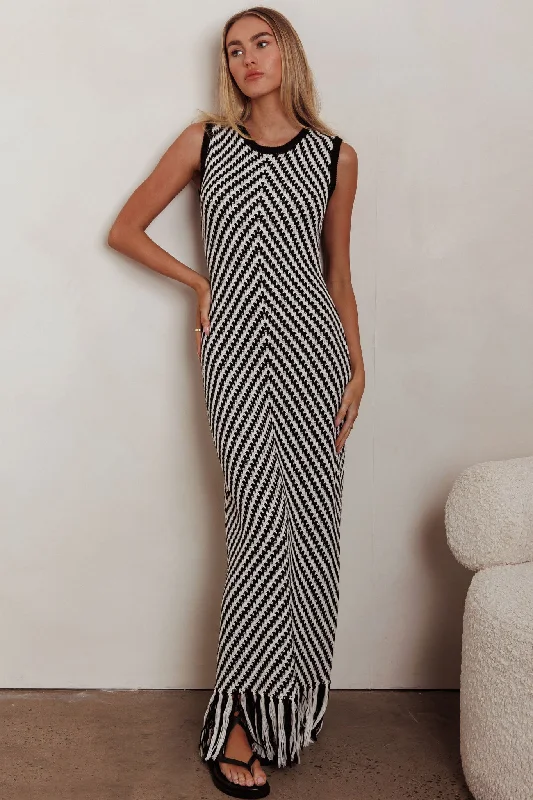 Same Place Fringed Knit Maxi Dress Black Cozy Open-Back Maxi Dress