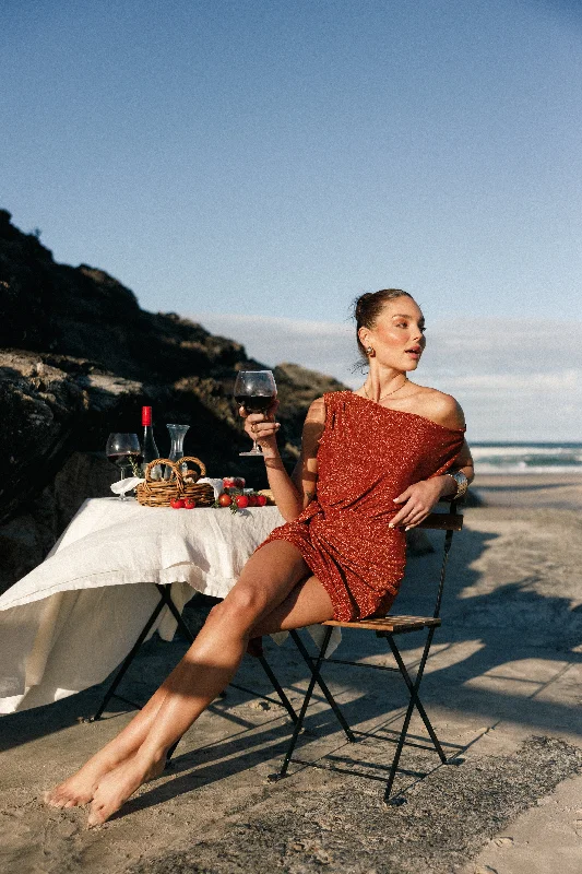 Santiago Off Shoulder Mini Dress - Bronze Trendy A-Line Mini Dress