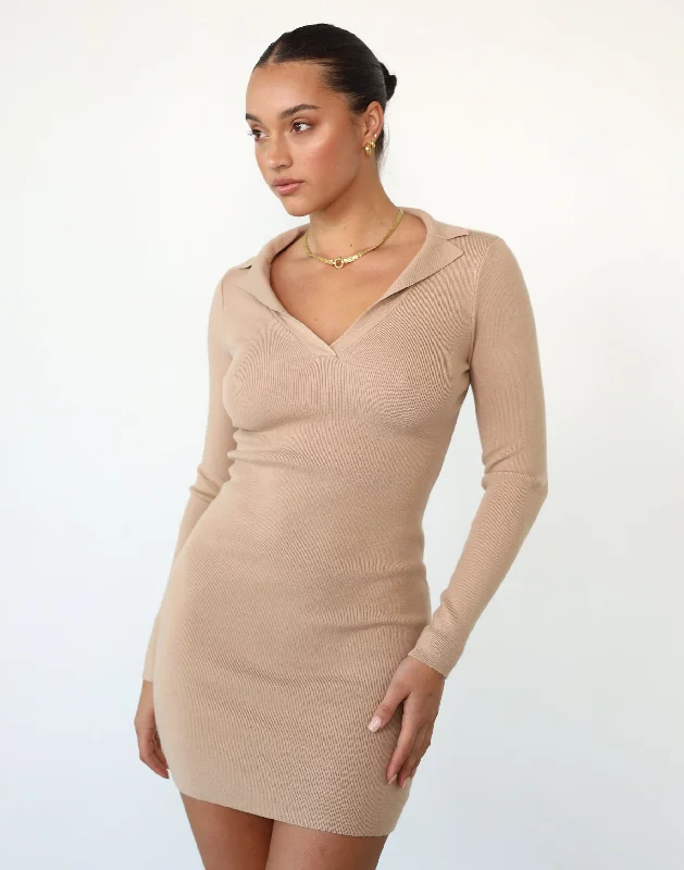 Sara Long Sleeve Mini Dress (Beige) Casual High-Waist Mini Dress