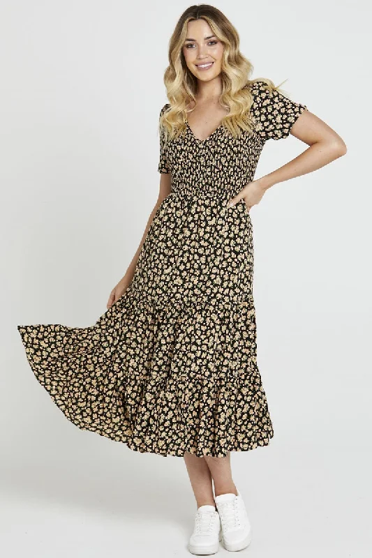 Sass - Tegan Shirred Midi Dress - Black Floral Trendy Ruffle Hem Midi Dress