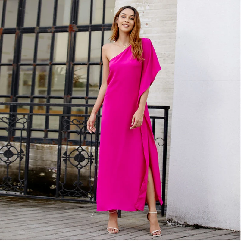 Satin One Shoulder Lantern Sleeve Midi Dresses Comfortable Casual Midi Dress