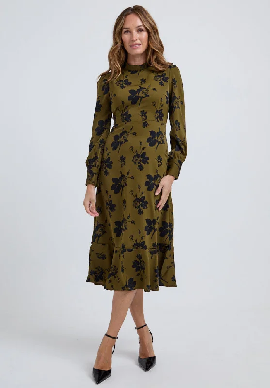 Scarlett High Neck Floral Print Midi Dress in Khaki Trendy Boho Midi Dress